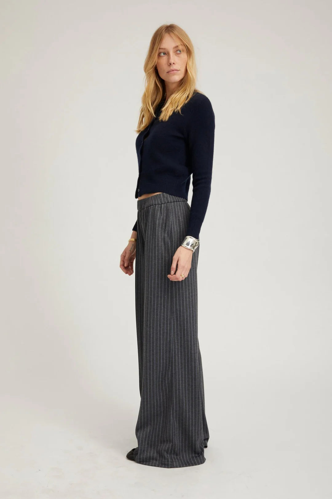 Grey Pinstripe Wide Leg Pintuck Trousers