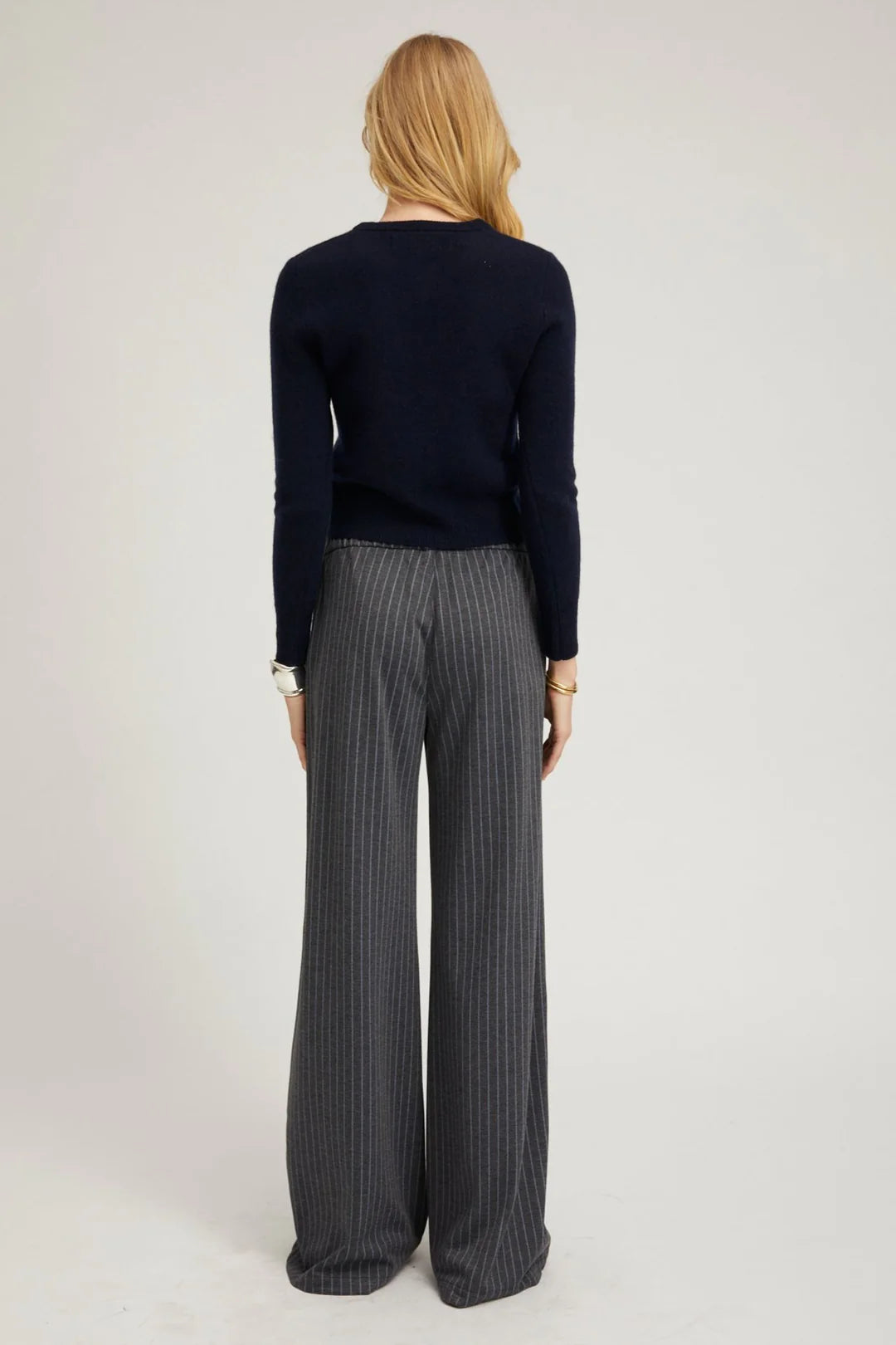 Grey Pinstripe Wide Leg Pintuck Trousers