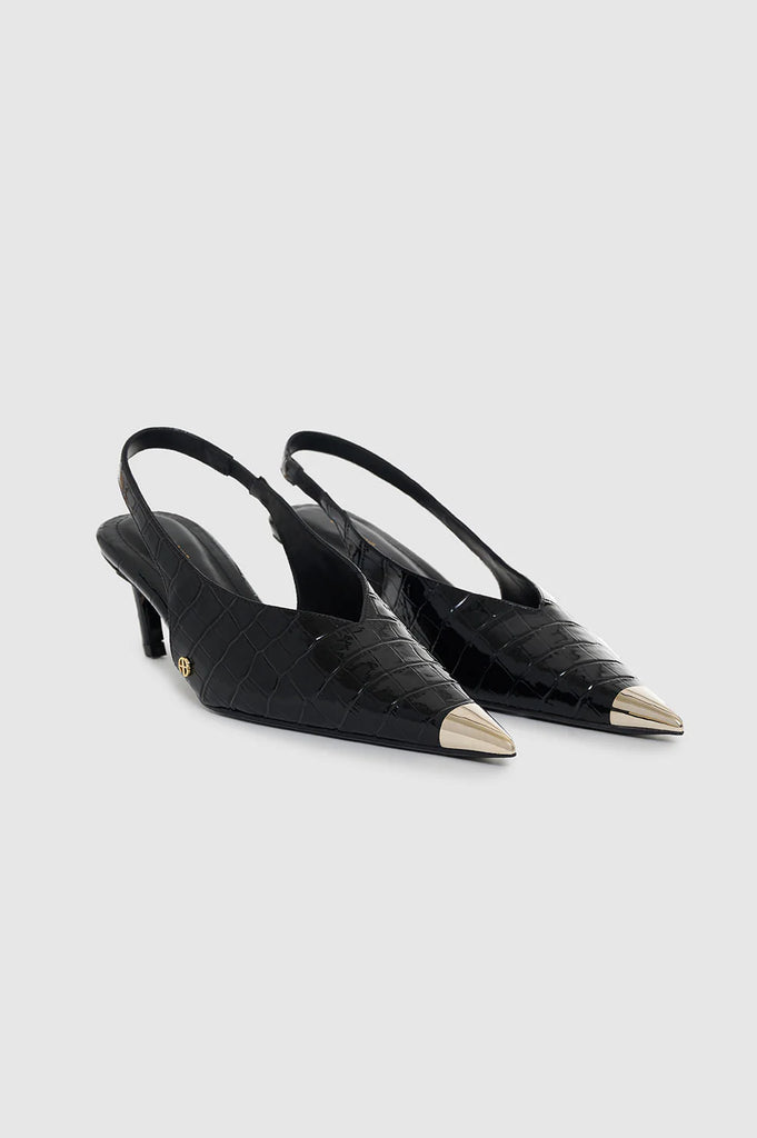 Nina Heels with Metal Toe Cap in Black Embossed