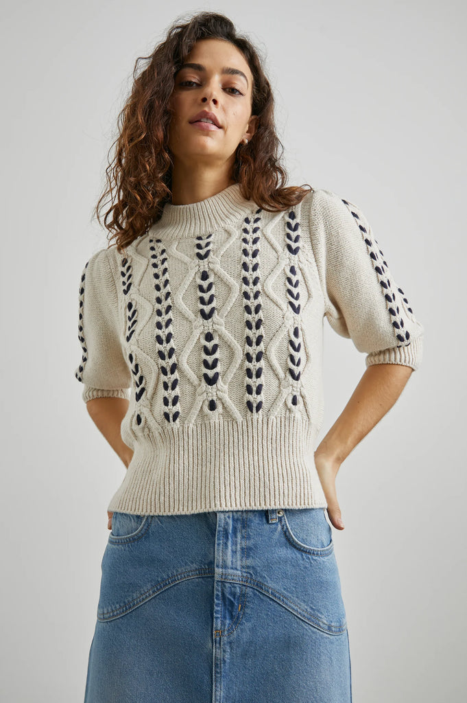 Addy Sweater in Oatmeal Navy Cables