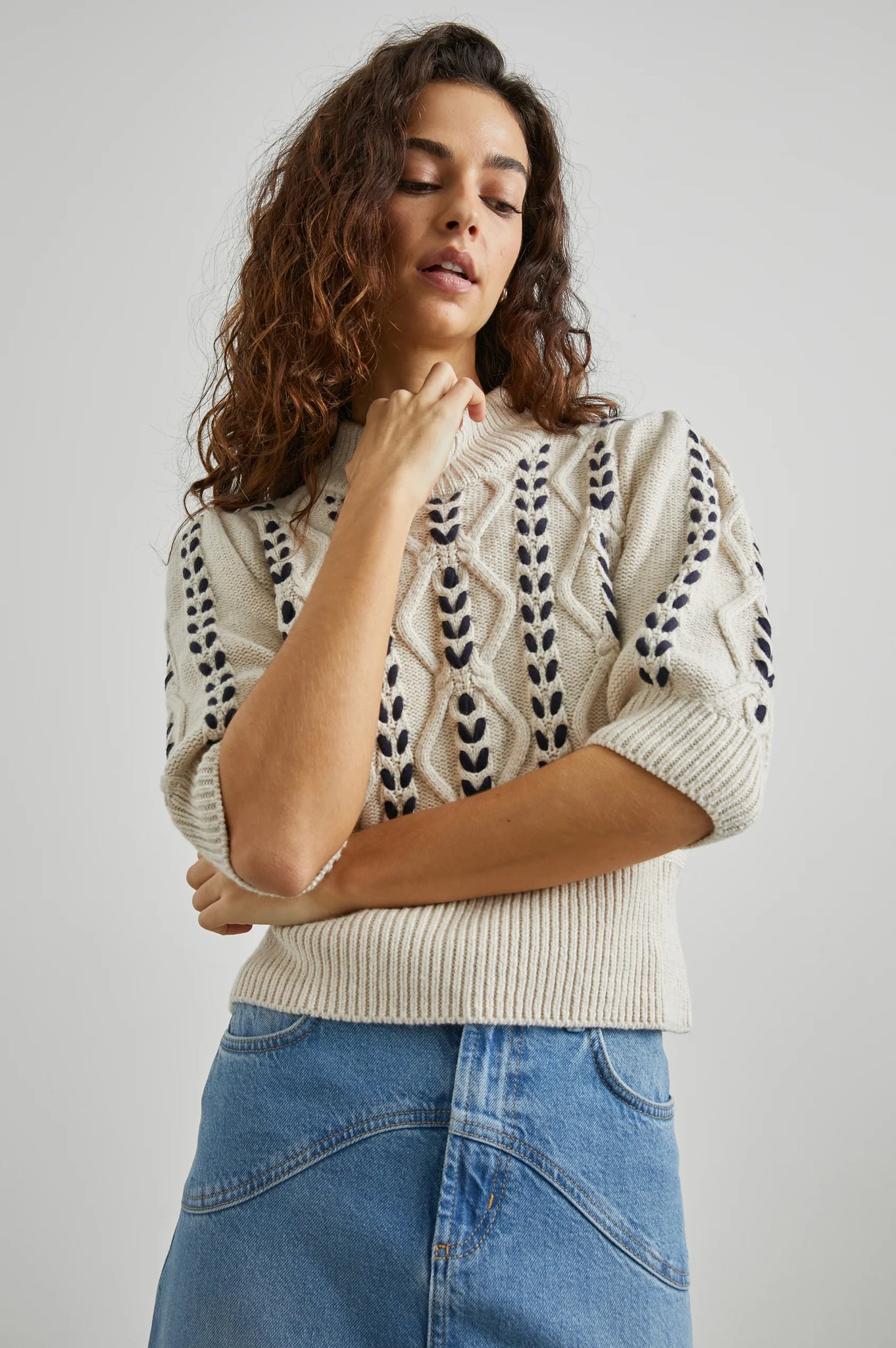 Addy Sweater in Oatmeal Navy Cables