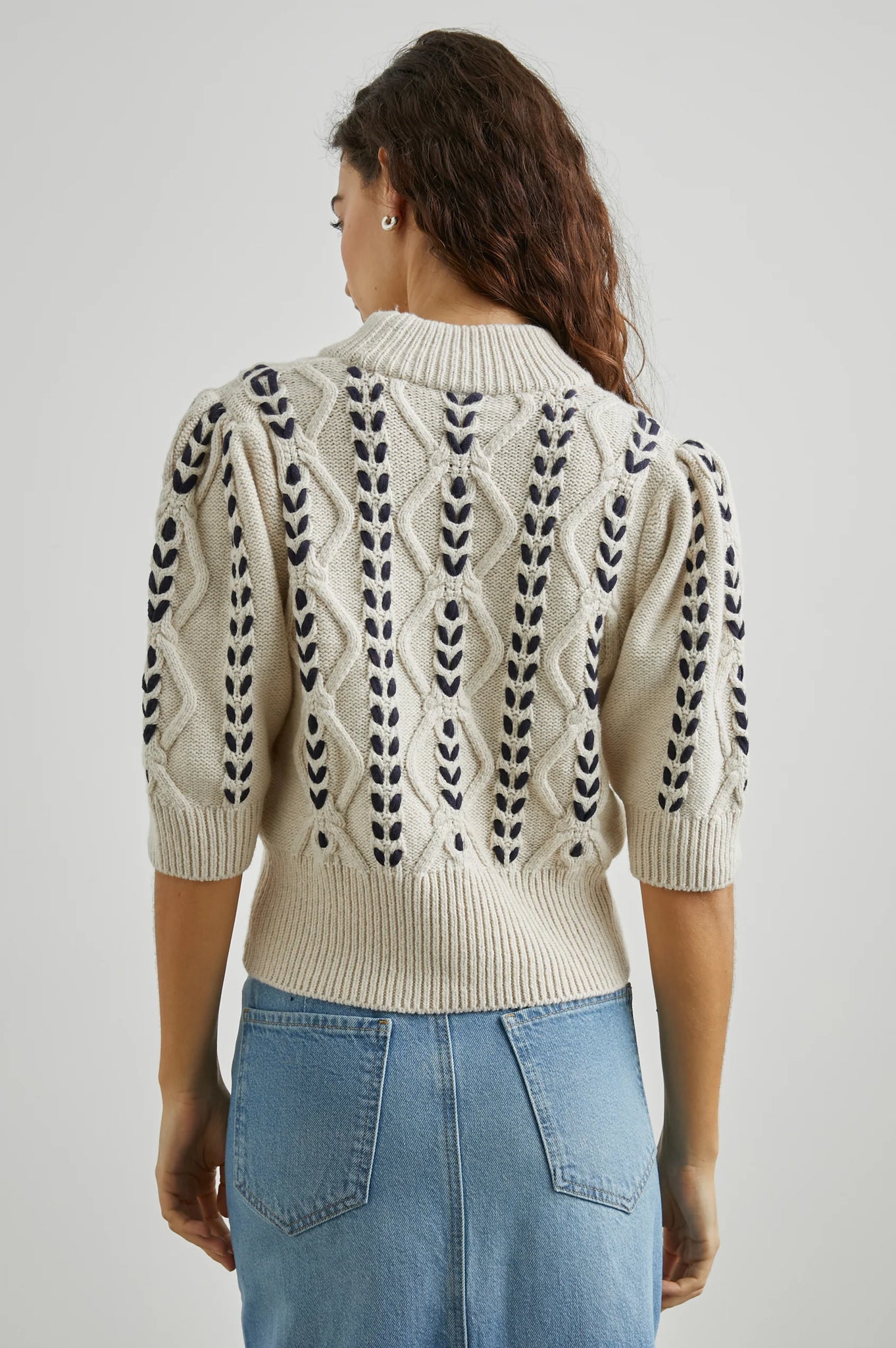 Addy Sweater in Oatmeal Navy Cables