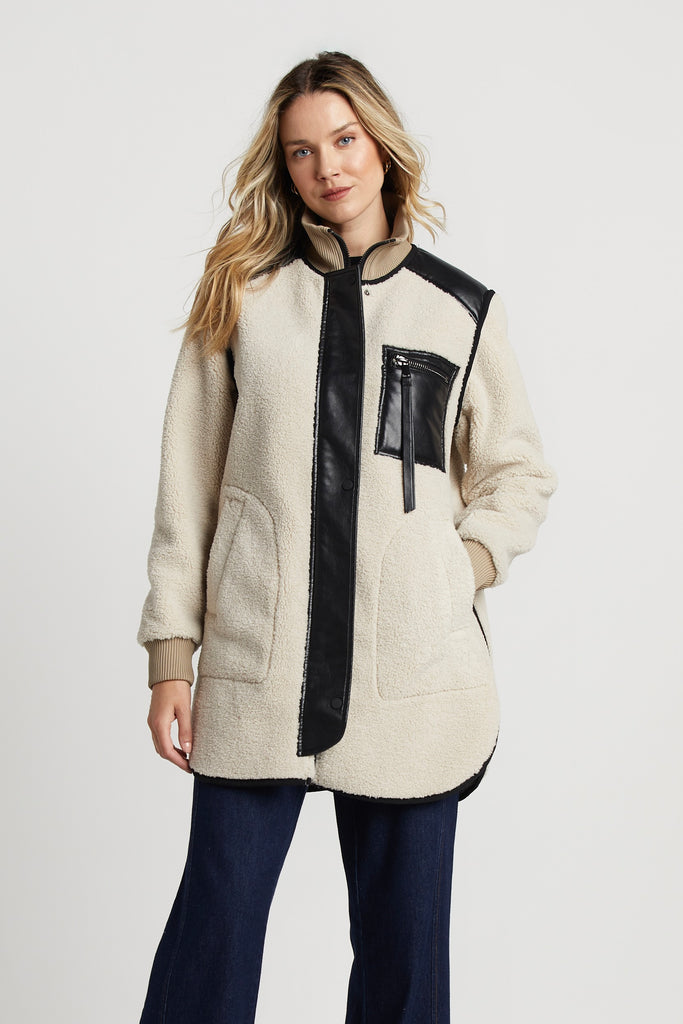 Audrey Faux Shearling Coat in Cream/Black