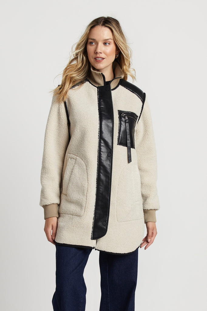 Audrey Faux Shearling Coat in Cream/Black