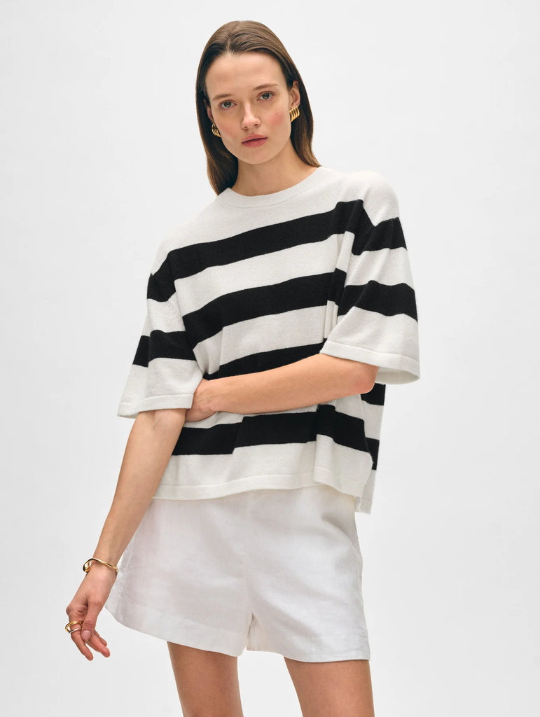 Cashmere Striped Easy T-Shirt in Soft White/Black