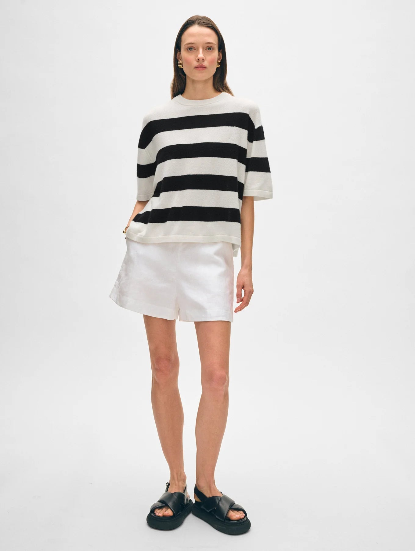 Cashmere Striped Easy T-Shirt in Soft White/Black