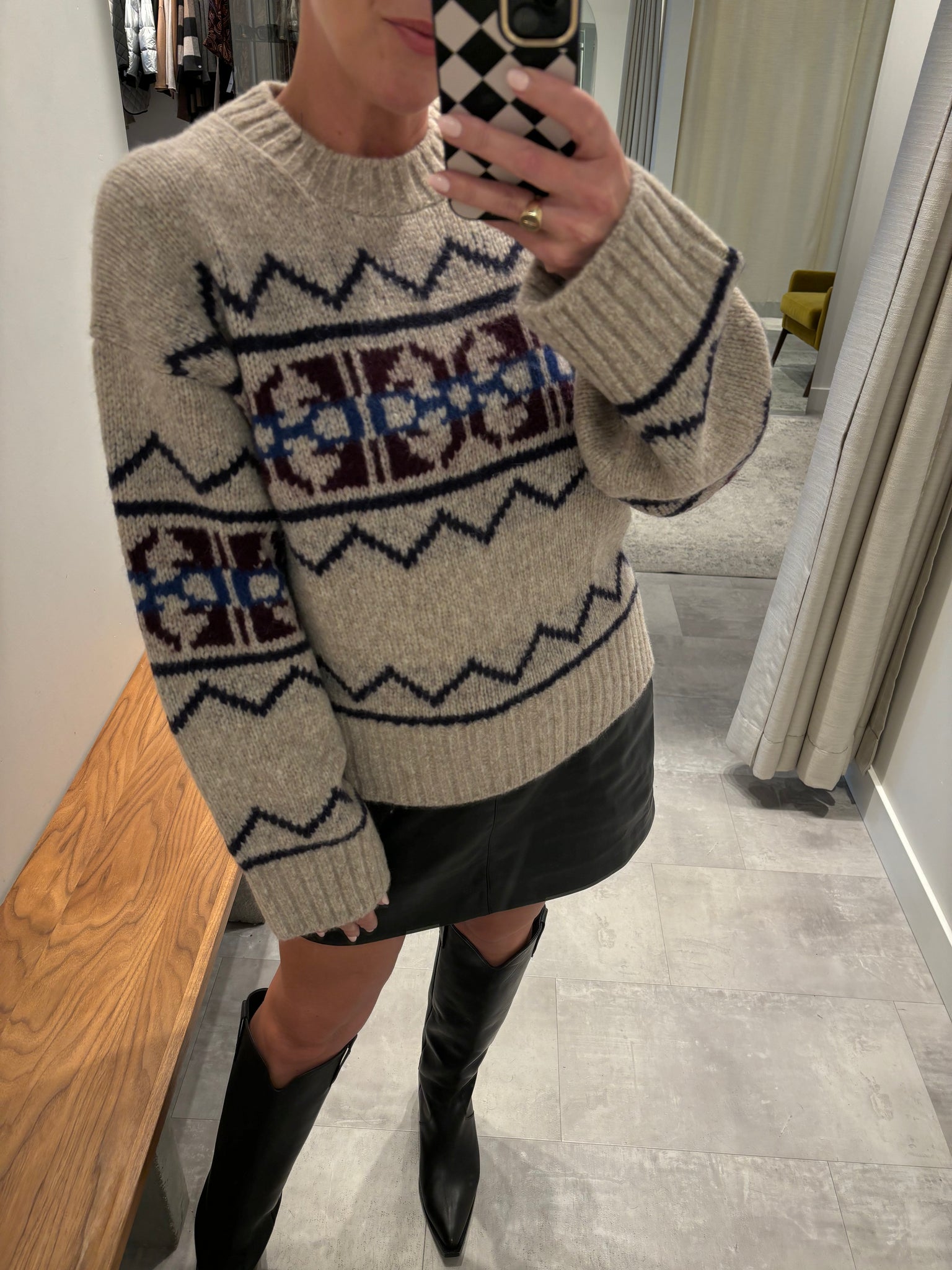 Plush Alpaca Blend Fair Isle Crewneck in Oat Combo