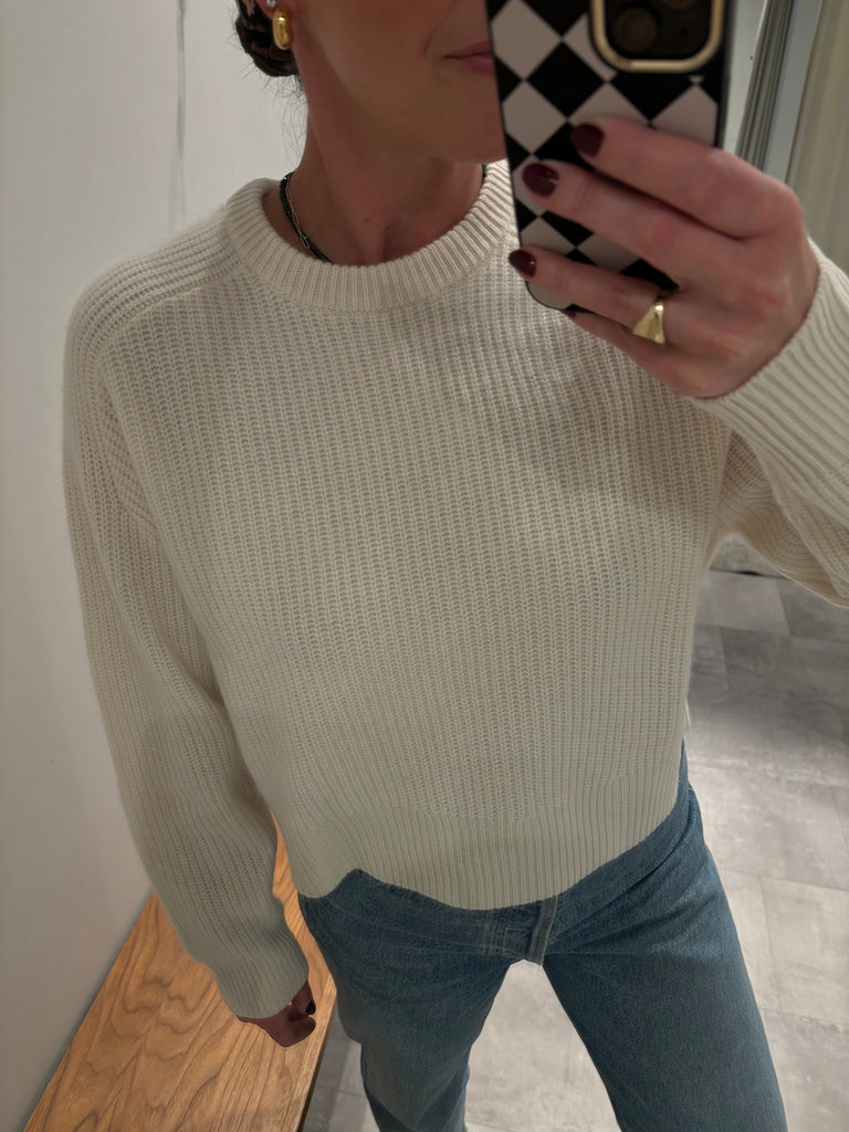 Cashmere Saddle Sleeve Crewneck in Soft White