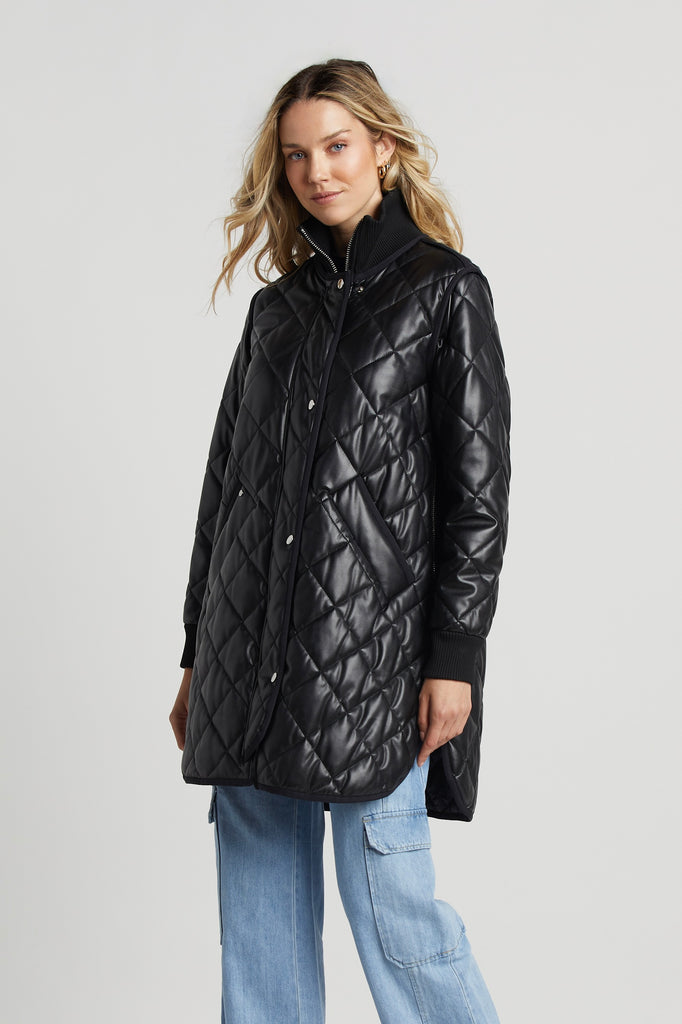 Liberty Vegan Leather Quilted Coat in Black