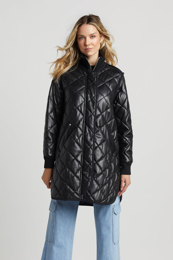 Liberty Vegan Leather Quilted Coat in Black