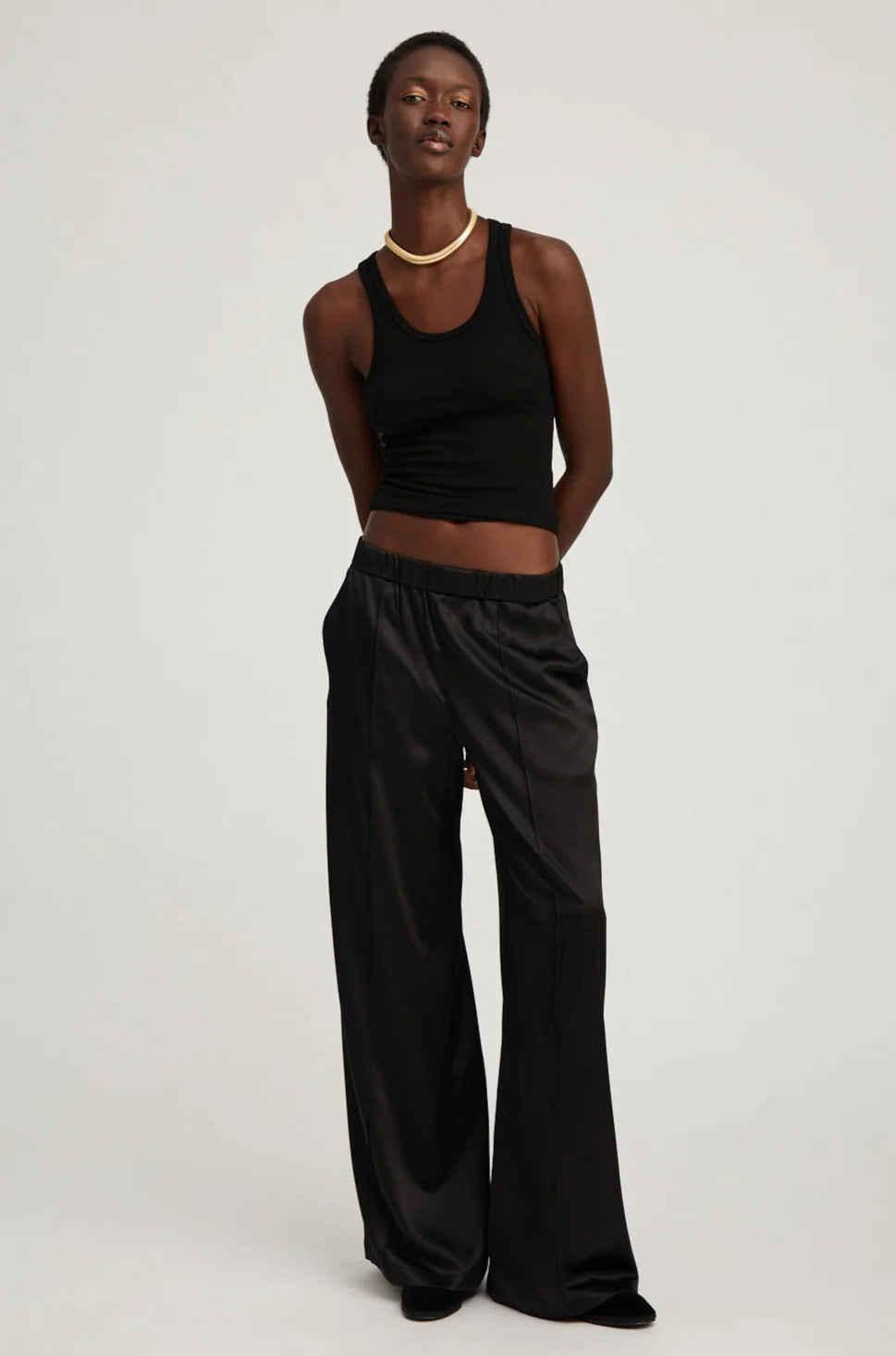 Black Silk Wide Leg Pintuk Pants