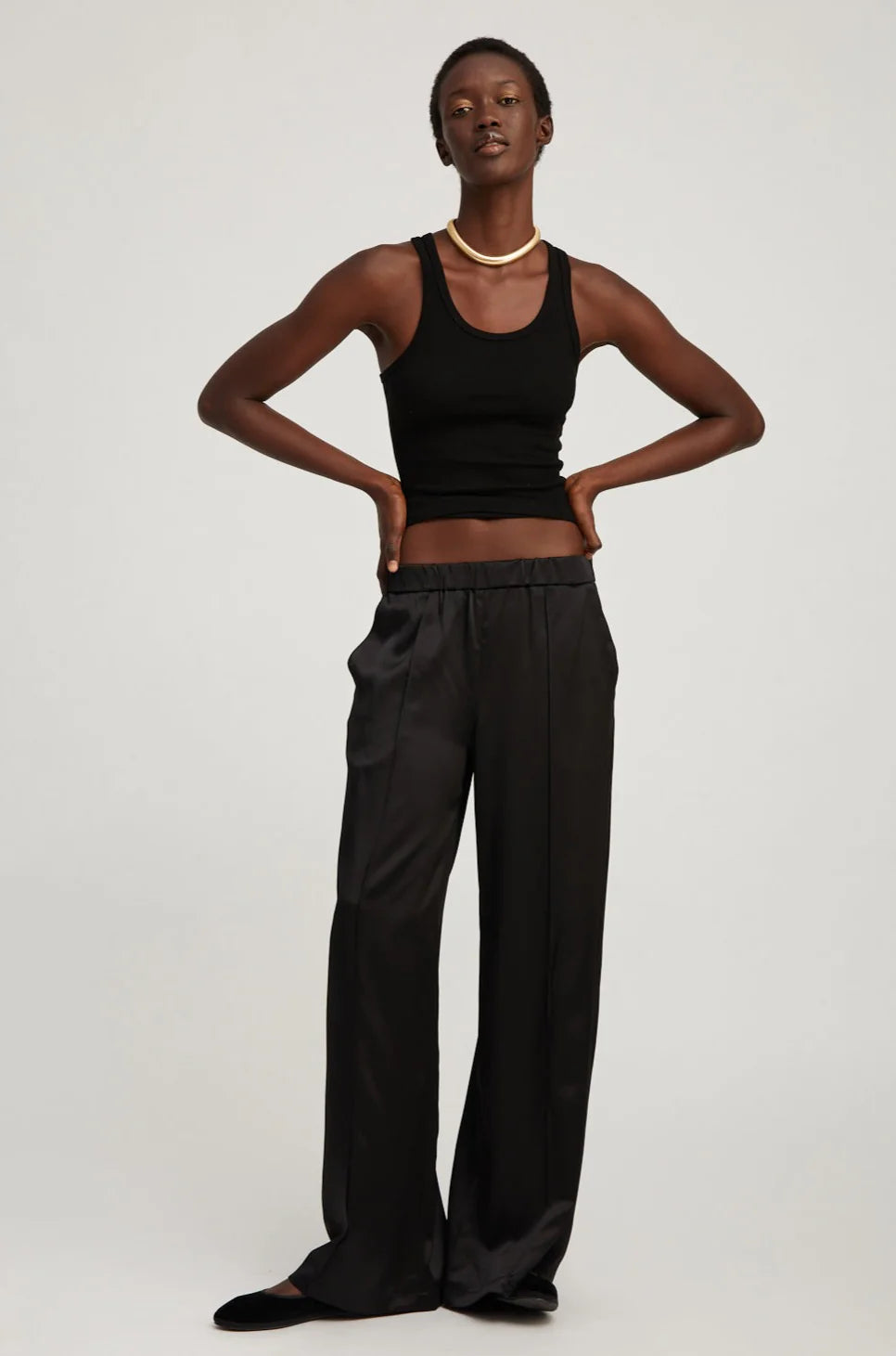 Black Silk Wide Leg Pintuk Pants