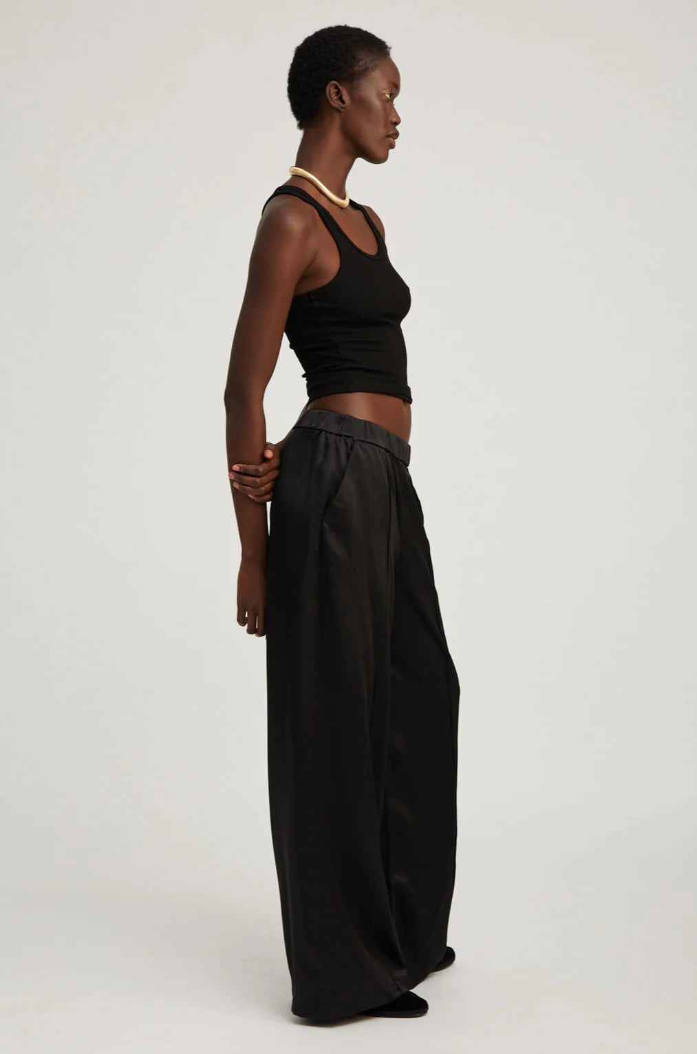 Black Silk Wide Leg Pintuk Pants