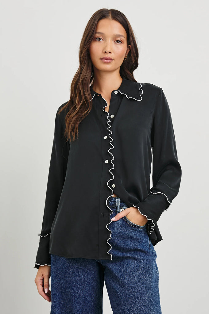 Fia Shirt in Black with White Piping