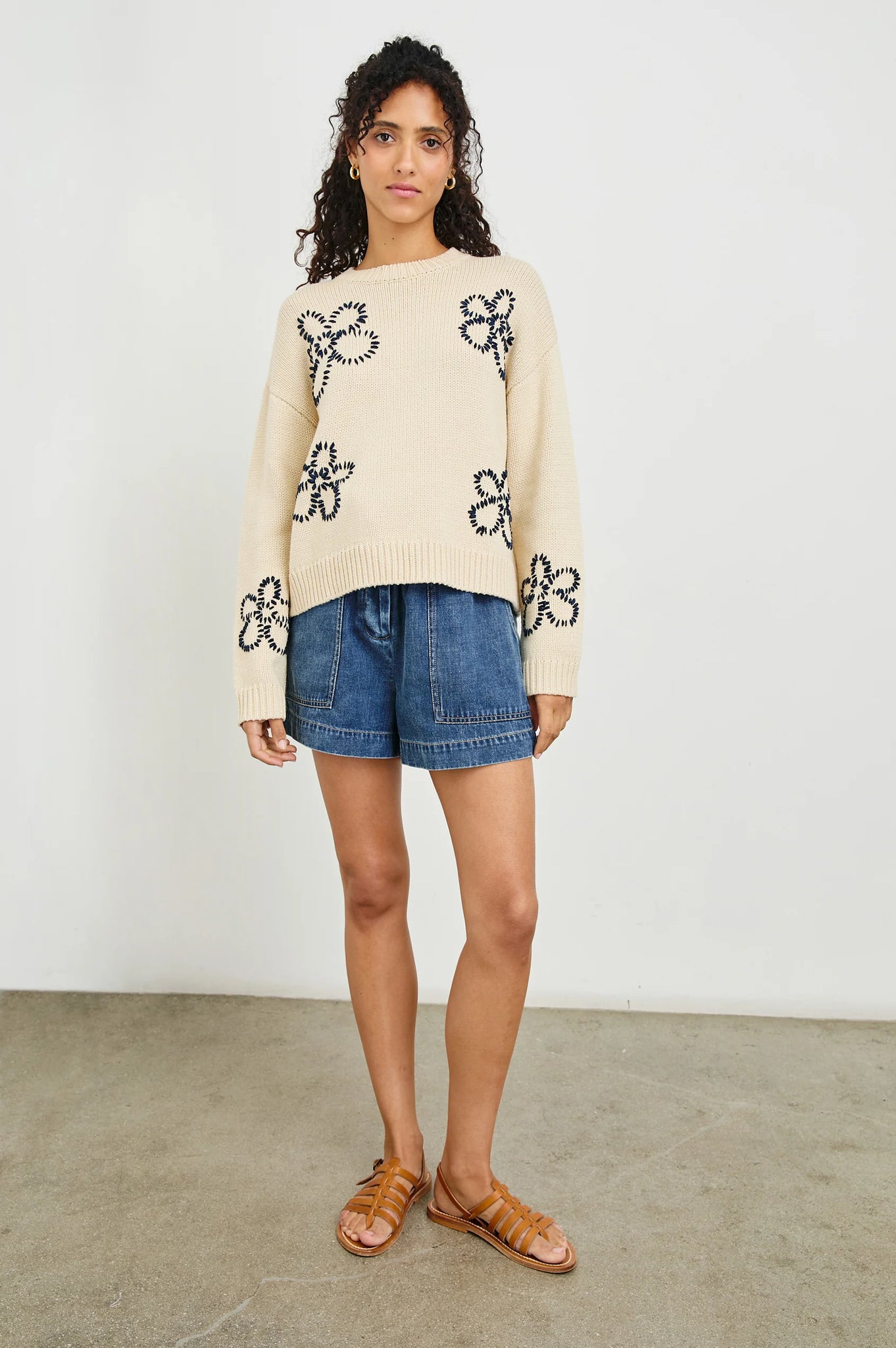 Zoey Sweater in Ivory Navy Stitched Daisies