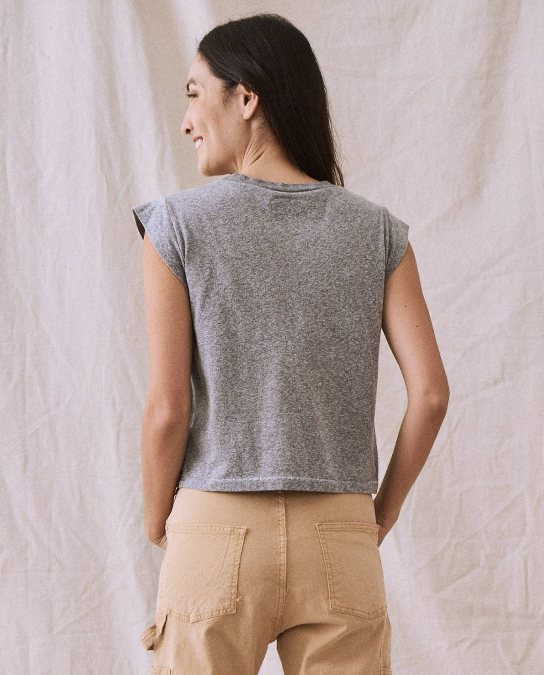 The Peak Shoulder Tee. Heather Grey