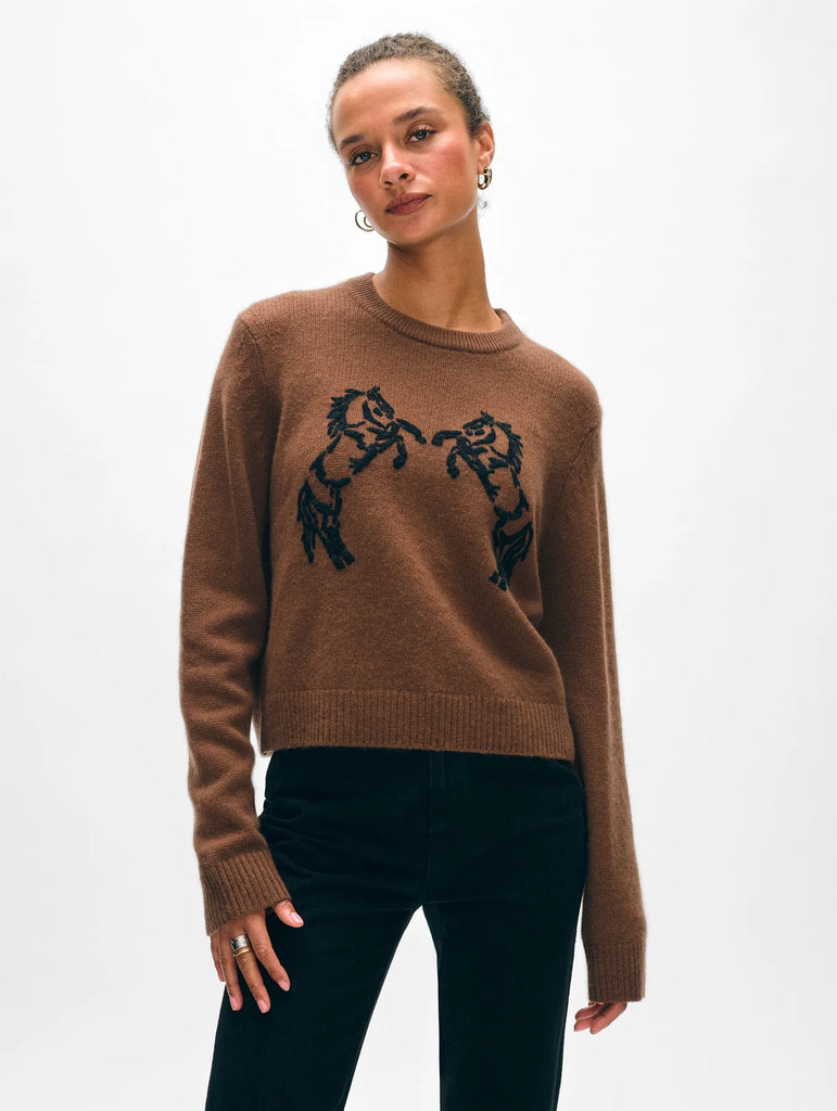 Cashmere Blend Horse Embroidered Crewneck in Umber/Black