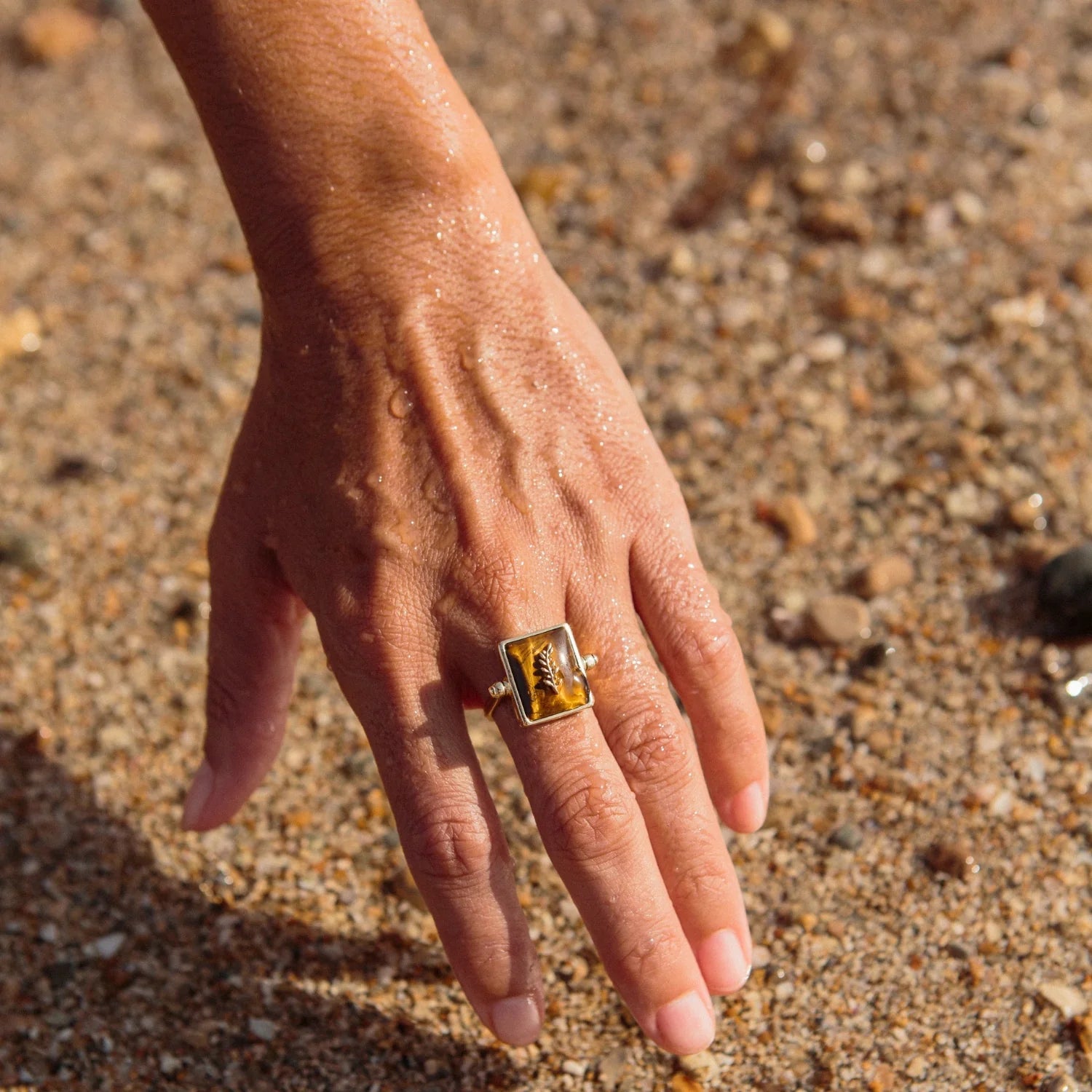 Spinning Tiger's Eye Olive Branch Ring